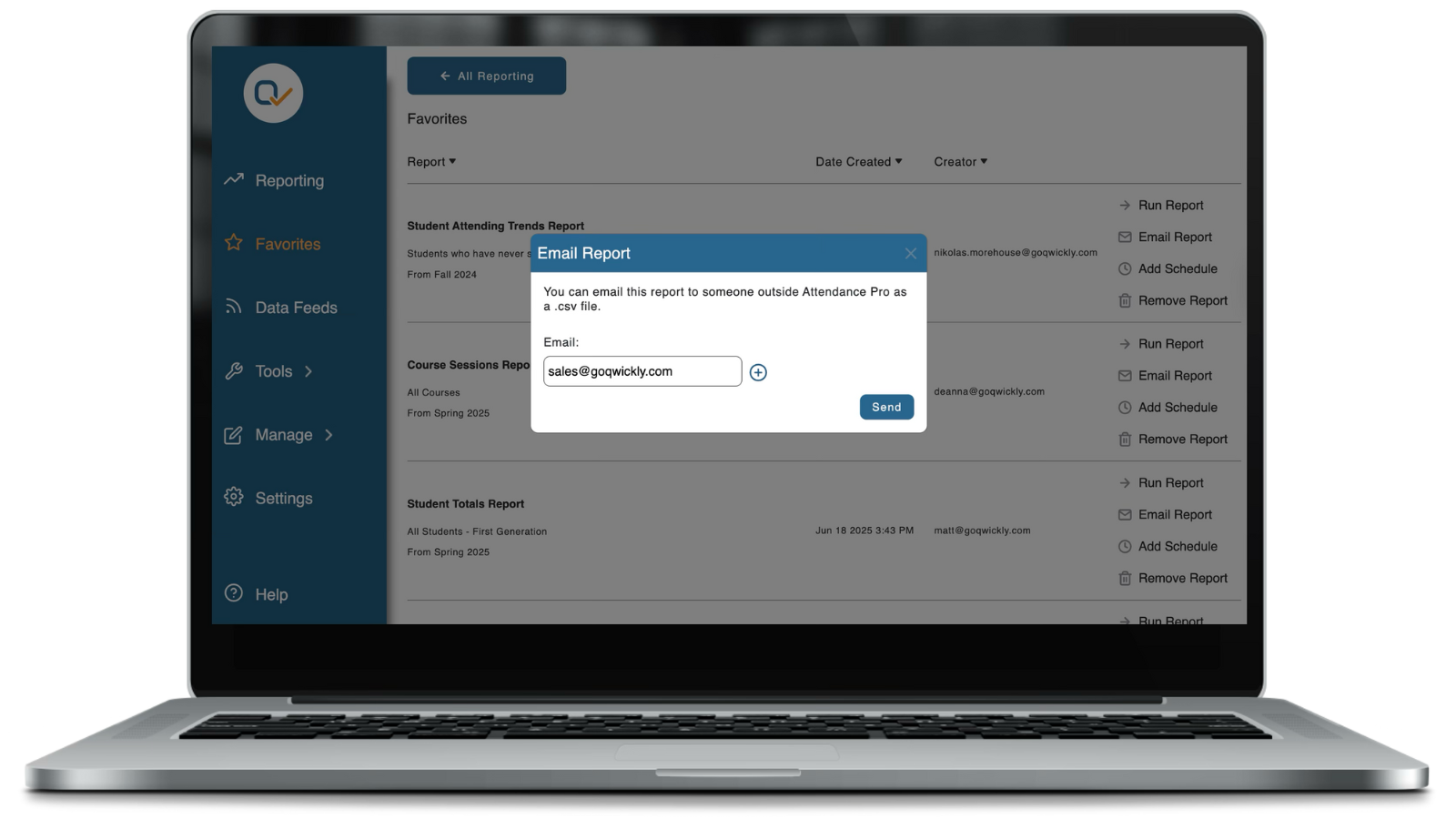 A laptop screen showing a pop-up window explaining that the report can be emailed as a .csv file and has an email input field pre-filled with sales@goqwickly.com and a Send button.