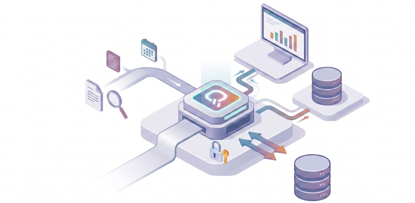 Illustration of Qwickly Attendance Pro API hub connecting to dashboards, databases, and external systems.